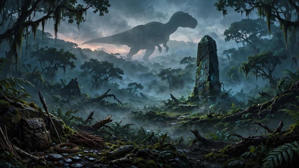ARK Survival Evolved artwork — dinosaur in misty jungle