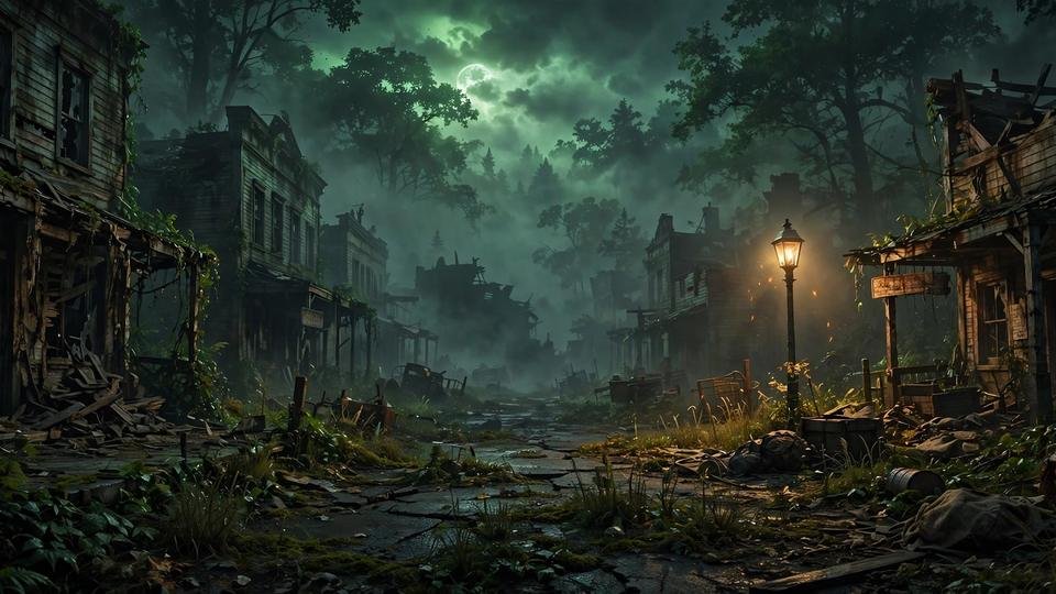 DayZ survival game artwork — foggy abandoned town at night
