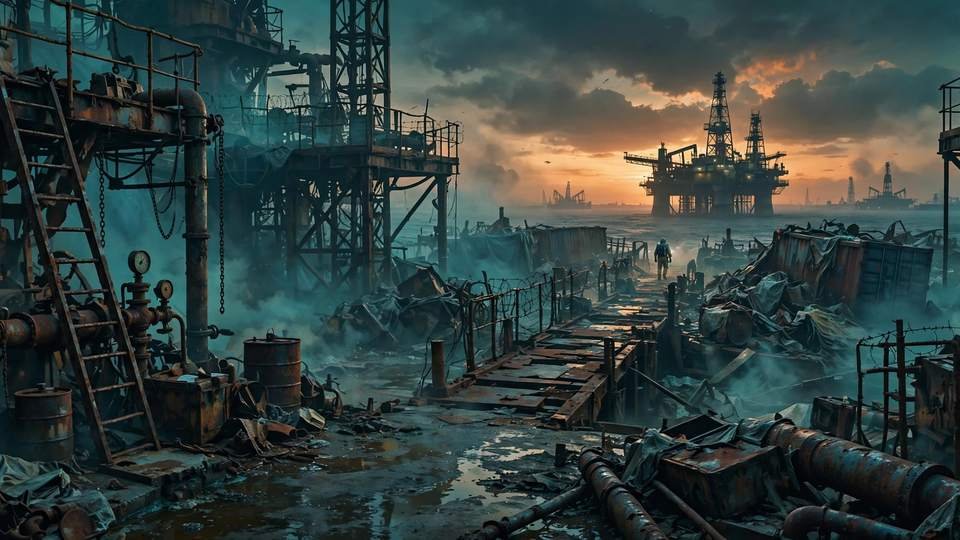 Rust survival game artwork — industrial wasteland at dusk