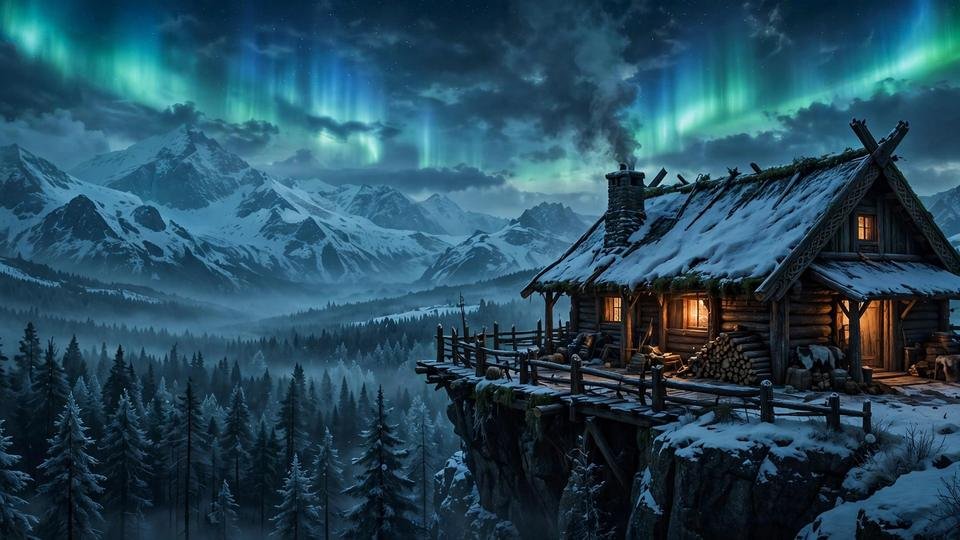 Valheim survival game artwork — viking longhouse under aurora