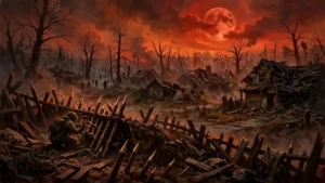 Survivor fortifying wooden base at dusk with zombies approaching