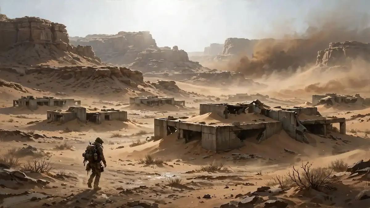 Survivor walking through arid desert badlands with rocky mesas