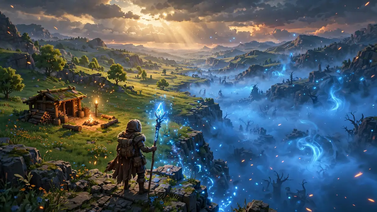 Adventurer with glowing staff on a cliff overlooking Embervale, half covered in the blue Shroud fog