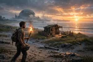 Rust beginner guide: survivor on a beach at dawn with a starter base and the Dome monument on the horizon