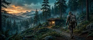 Lone Rust survivor approaching a small hidden stone base in a forest at dusk