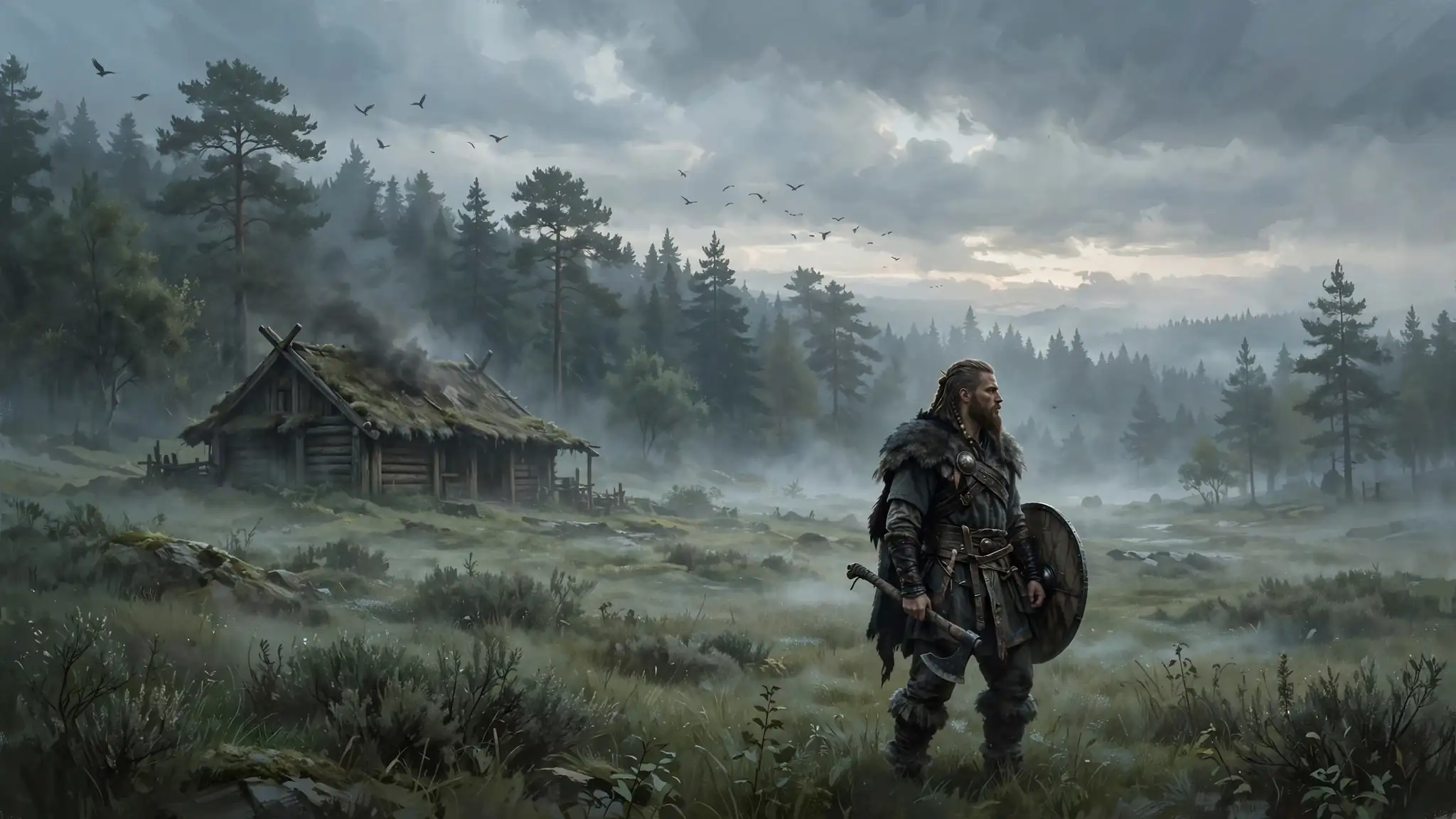 Viking warrior in misty Norse meadows at dawn