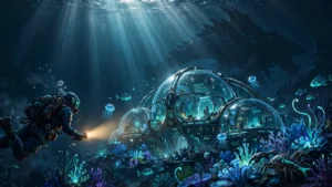 Subnautica 2 beginner guide - diver approaching underwater base with leviathan silhouette