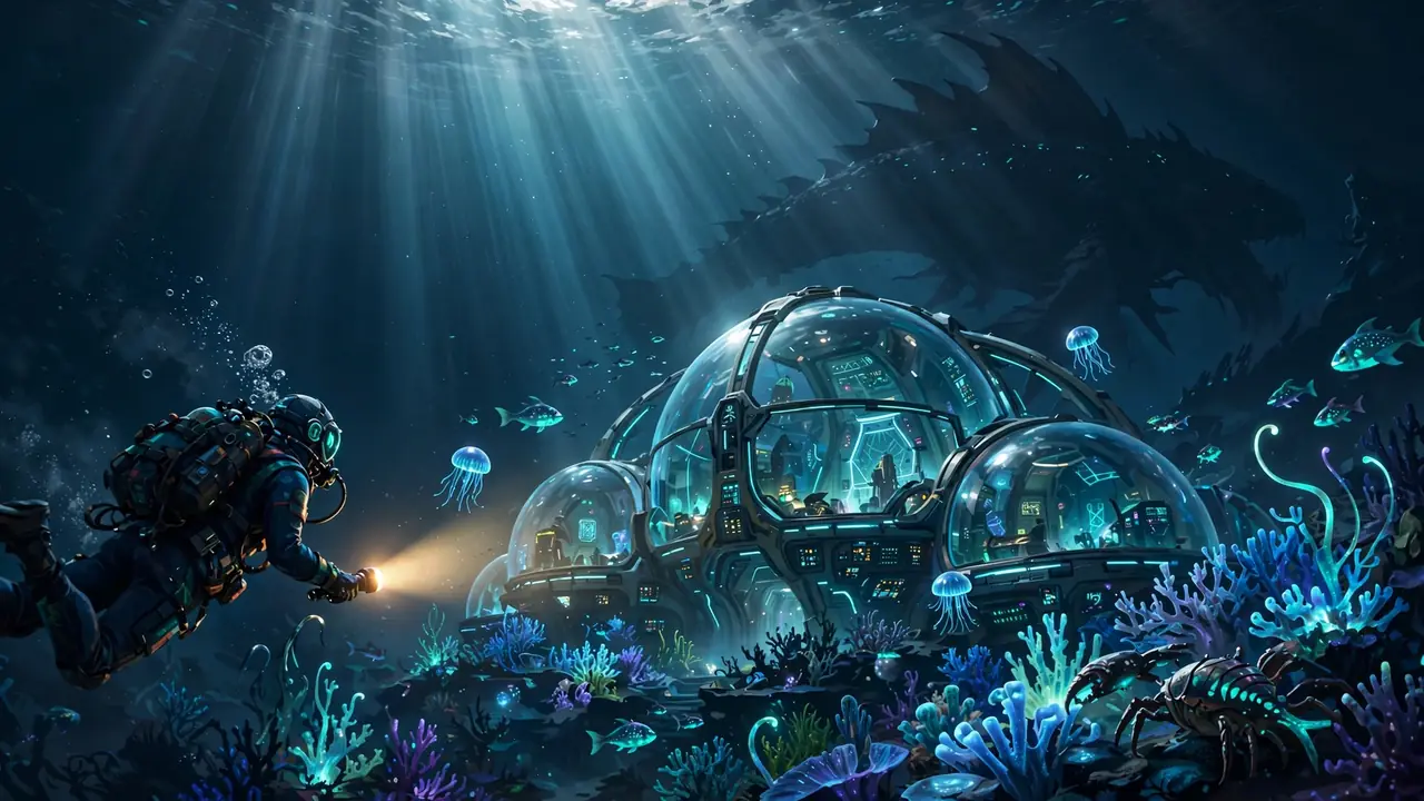 Subnautica 2 beginner guide - diver approaching underwater base with leviathan silhouette